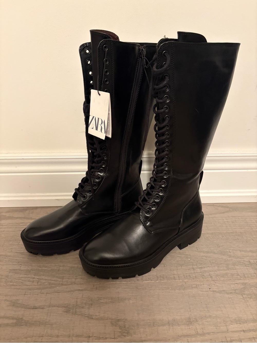 Zara Black Lace-Up Knee-High Platform Combat Boots
